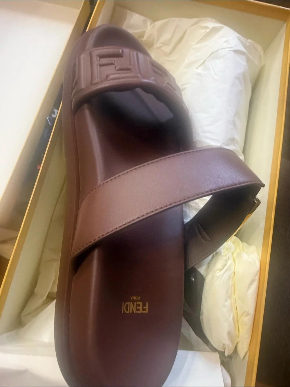 Fendi Brown Leather Slide Sandals with Gold Buckle